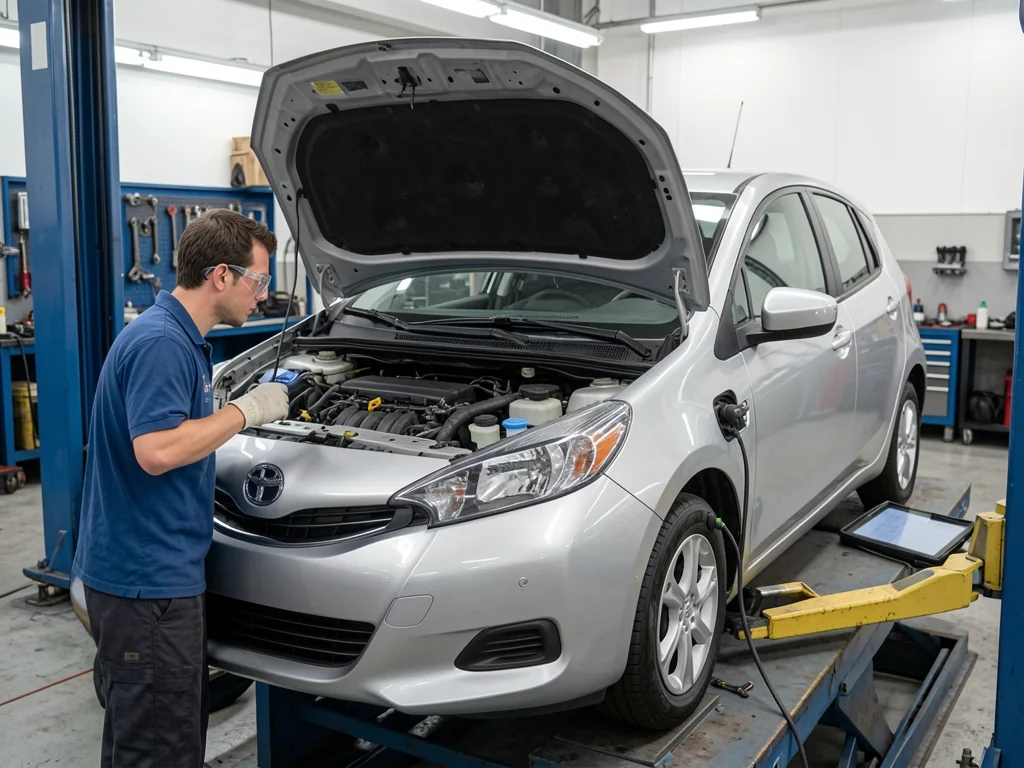 Technician inspecting the engine of a hybrid hatchback in a repair shop before a possible timing chain repair