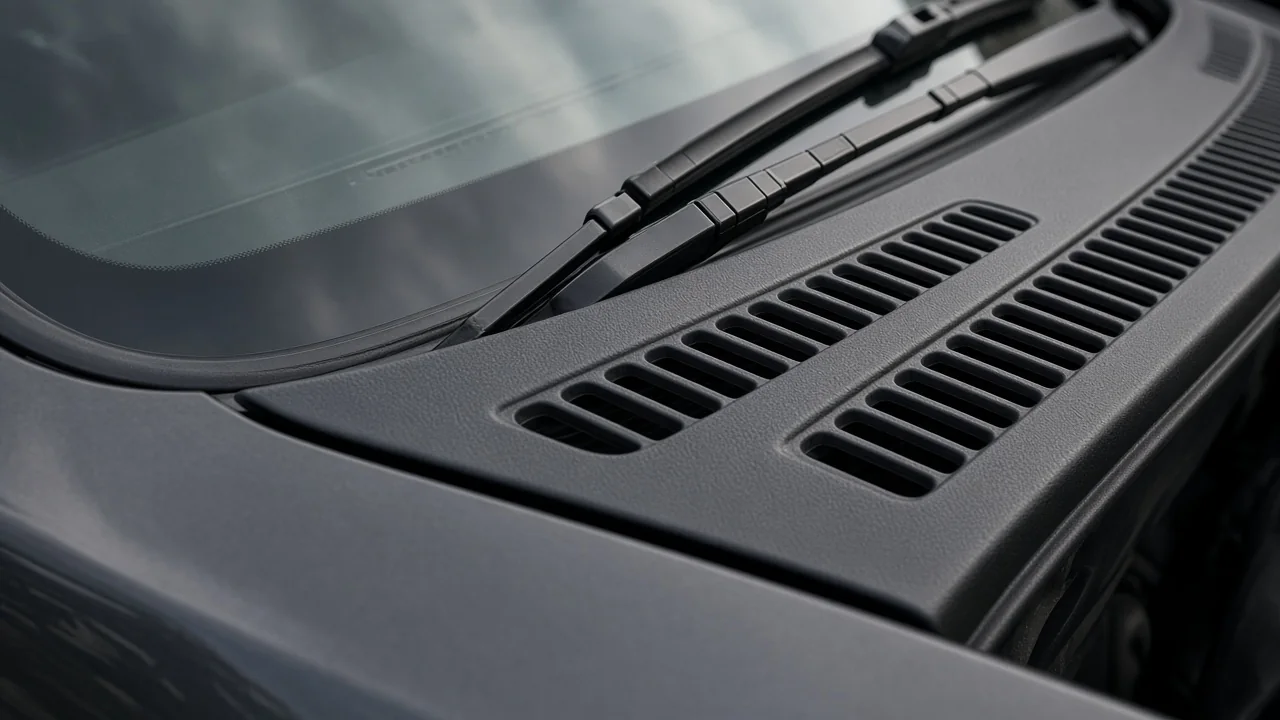 Windshield wiper cowl panel beneath the parked wipers at the base of a car windshield