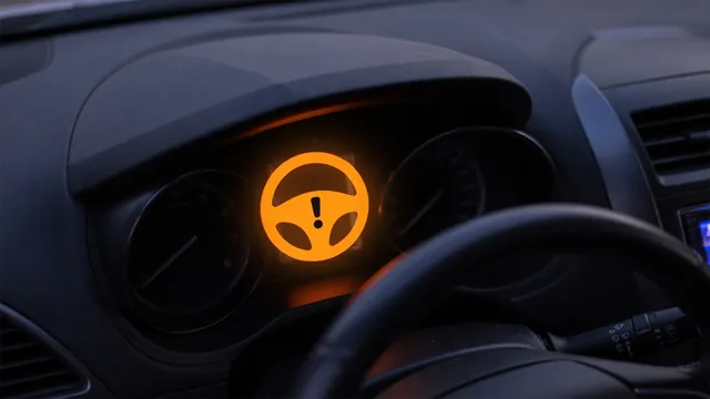 Illustration of a steering wheel warning symbol with an exclamation mark on a vehicle dashboard