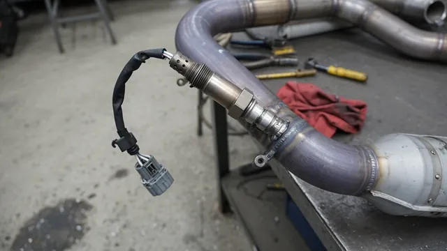 Illustration of an oxygen sensor threaded into a Honda Civic exhaust assembly with its wiring connector visible