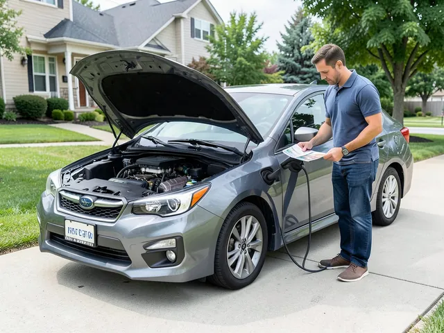 Subaru parked on a level driveway with its hood open for an engine oil level check