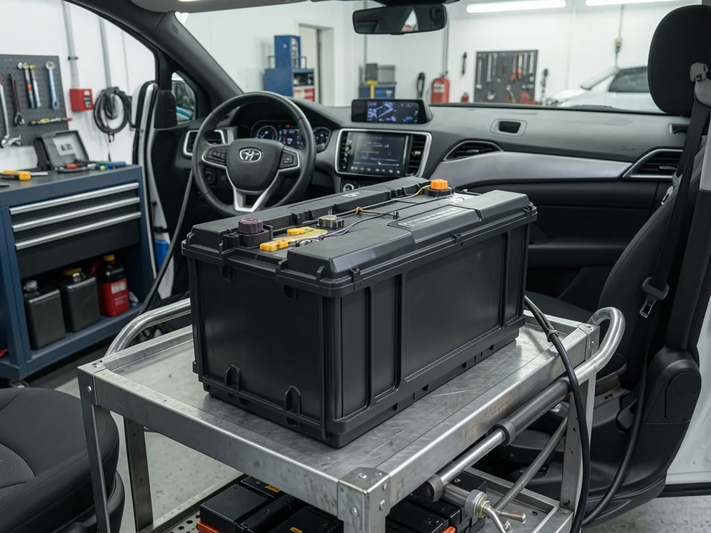 Hybrid battery pack in a closed protective housing on a service cart in an automotive workshop