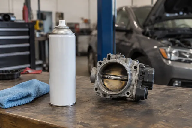 Unbranded throttle body cleaner spray can beside a cloth and a throttle body with light carbon deposits on a workbench