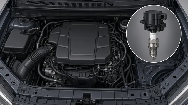 Illustration of an ignition coil above a spark plug in an Audi A4 engine bay
