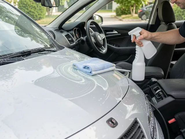 Hand applying spray wax with a clean microfiber towel to a shaded, freshly washed car hood.