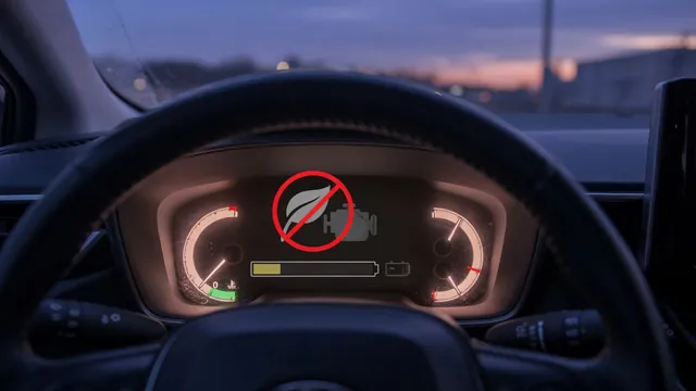 Hybrid car dashboard showing a notice that EV mode is unavailable and a low hybrid battery charge gauge