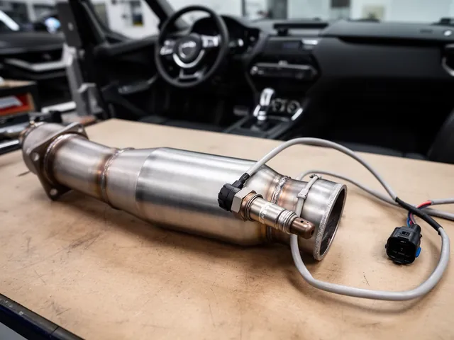Oxygen sensor threaded into an exhaust pipe, with its wiring connector visible