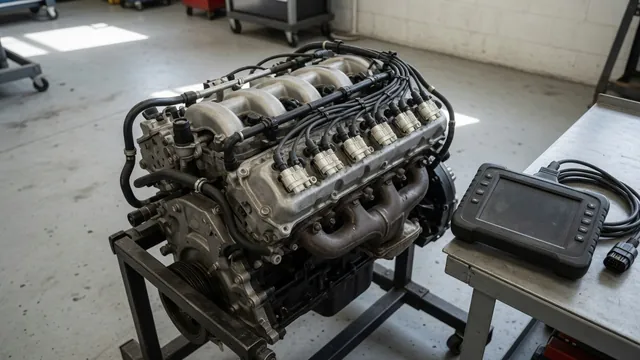 Diesel engine illustration showing glow plugs, wiring connectors, and a diagnostic scan tool