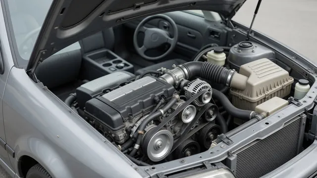 Parked car with its engine off and hood open, showing the accessory belt area and intake hoses