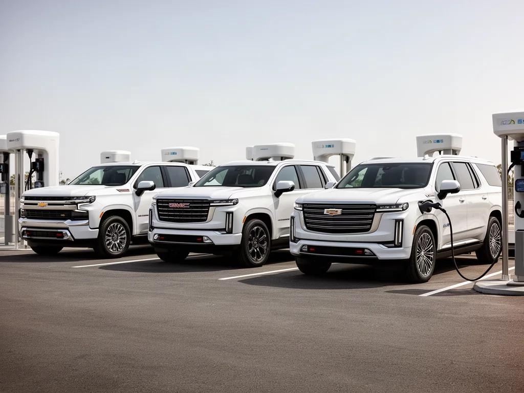 Chevrolet Silverado EV, GMC Sierra EV, and Cadillac Escalade IQ parked at a charging station