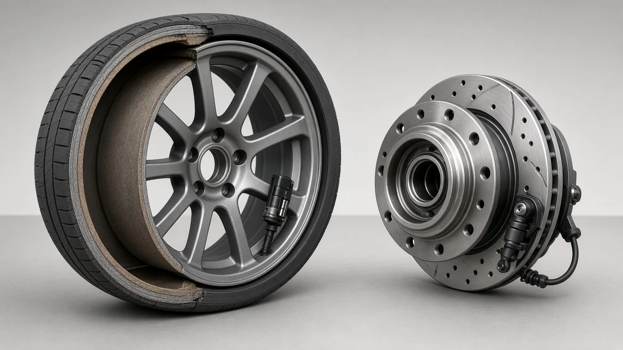 Illustration of a tire pressure sensor inside a wheel and a wheel-speed sensor near a wheel hub