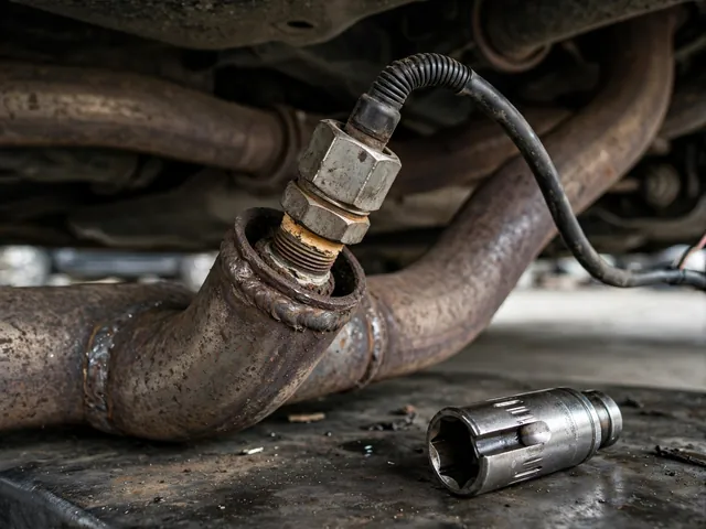 Oxygen sensor seated in a rusted exhaust bung with a slotted oxygen sensor socket nearby