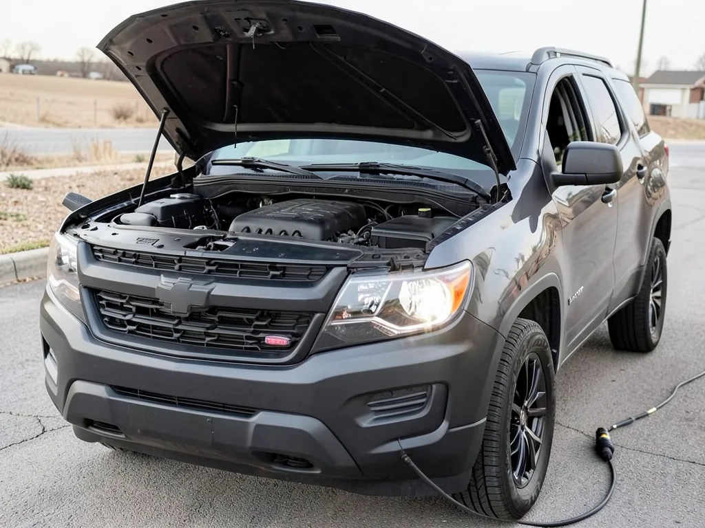 Chevy Colorado engine bay with a flashlight positioned for a crankcase ventilation inspection