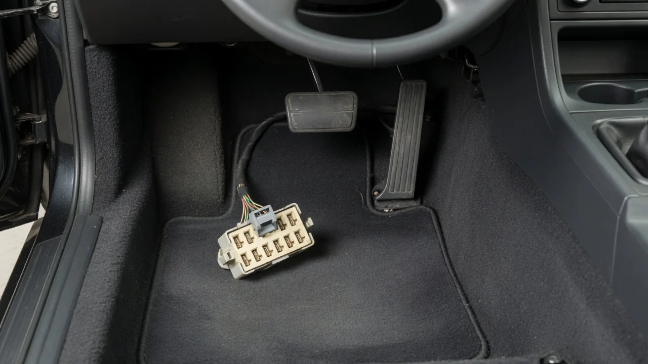 Brake pedal and nearby switch connector in a parked vehicle’s driver footwell