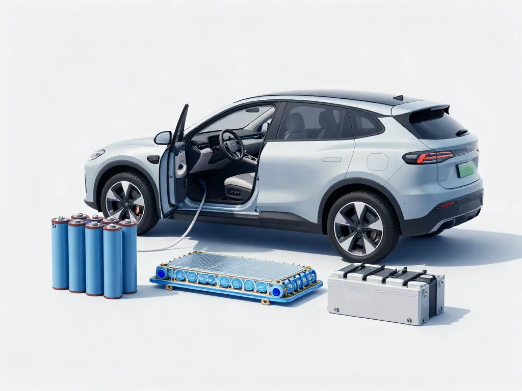 Illustration of EV battery cells, a battery module, and a pack beneath an electric vehicle