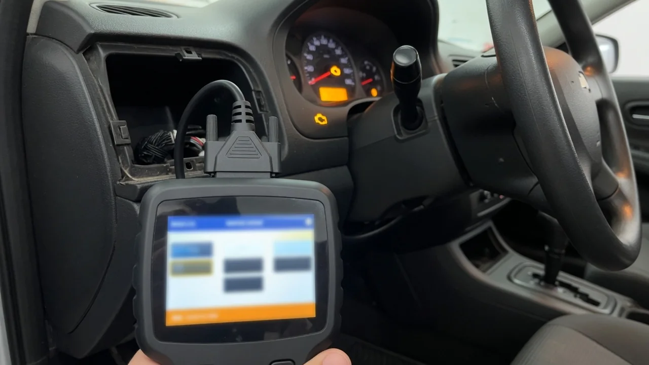 OBD-II scan tool plugged into a car's diagnostic port with the check engine light on in the background