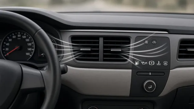 Car dashboard vents with symbols representing fuel, oil, sulfur, coolant and moisture odors