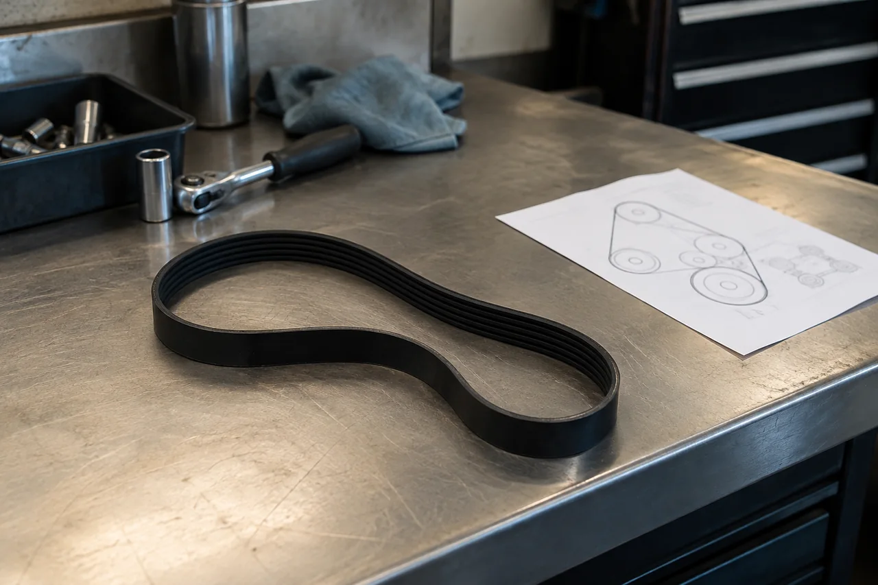 Serpentine belt resting beside a routing reference sheet on an automotive workbench