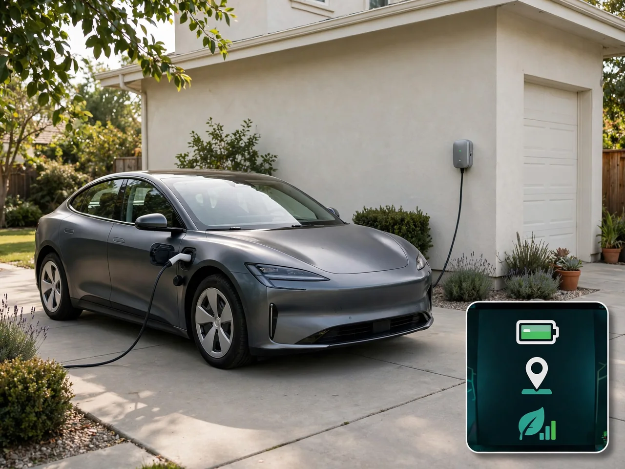 Electric car charging beside a dashboard display showing remaining range and energy efficiency