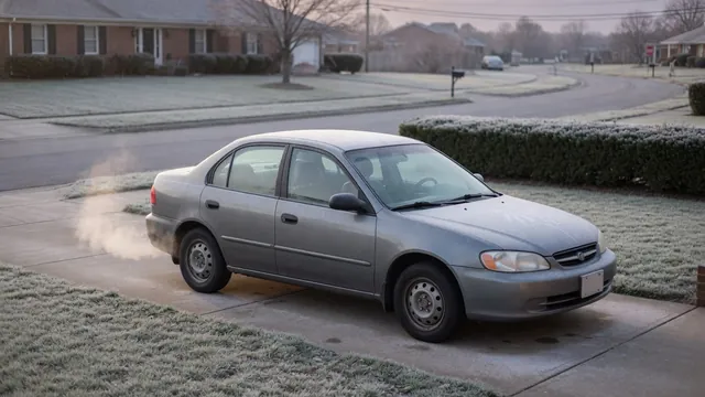 Parked car on a frosty morning with a visible exhaust plume before a cold engine noise assessment
