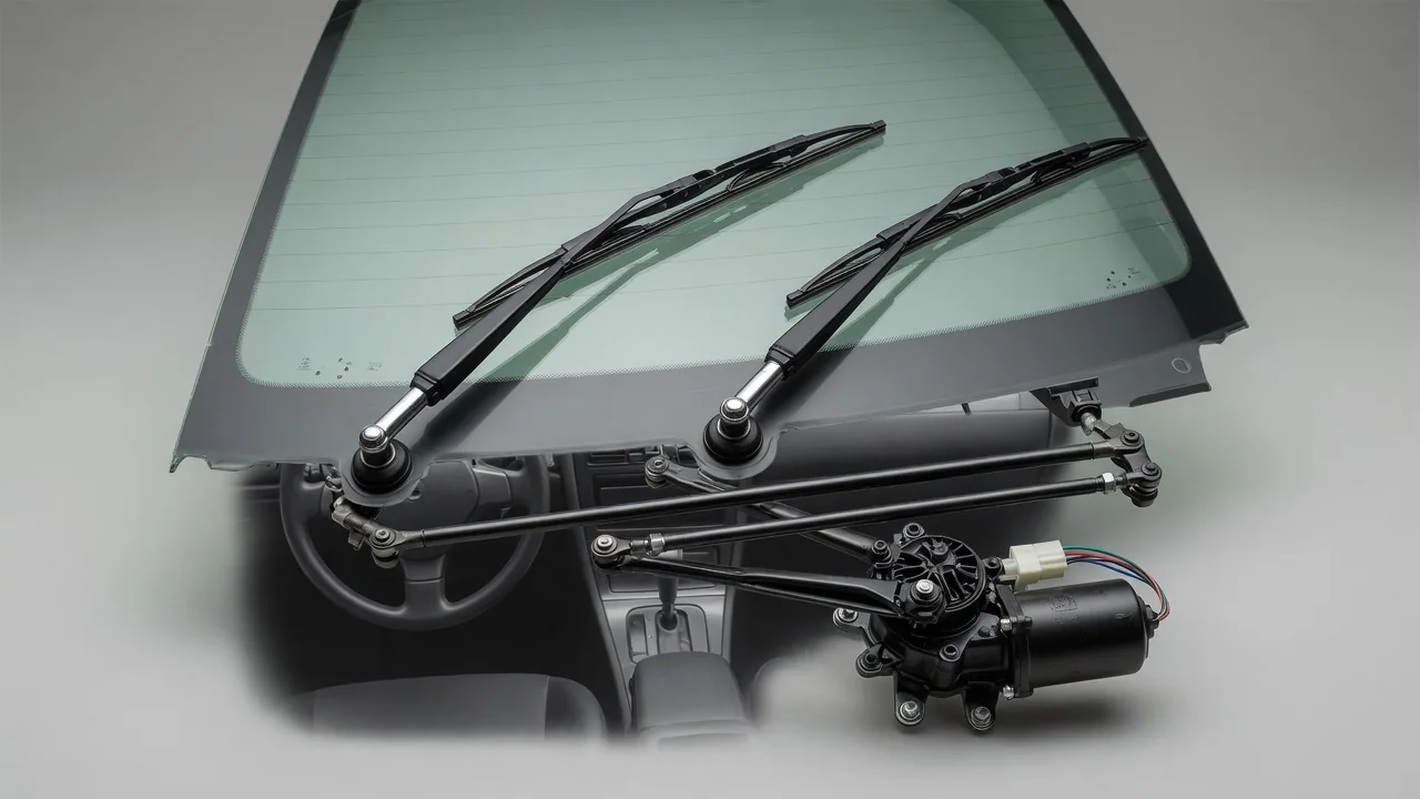 Illustration of a windshield wiper motor, connecting linkage, pivot shafts, and wiper arms