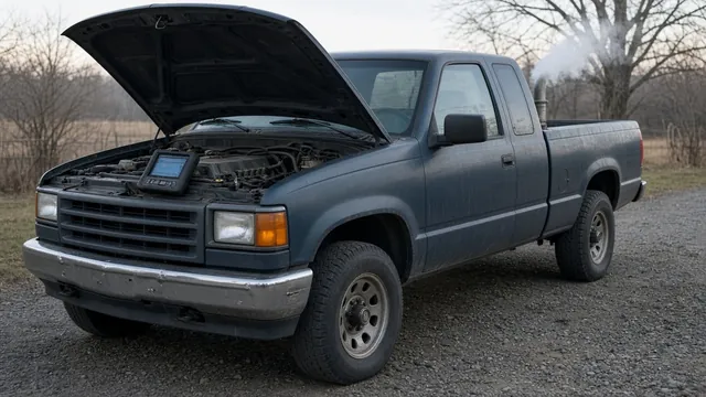 Diesel pickup idling with its hood open and light white exhaust vapor while the owner checks it with a scan tool