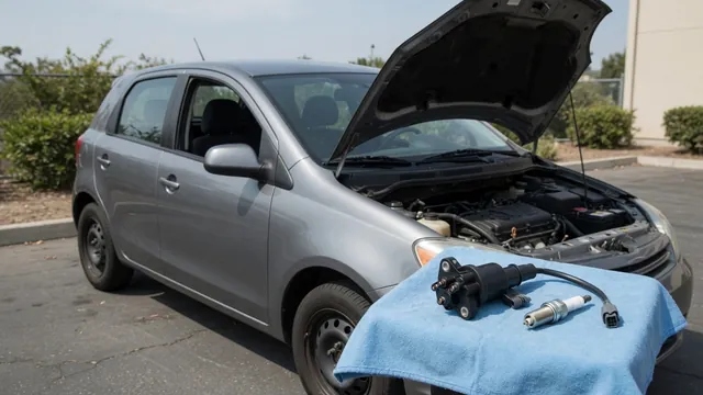 Illustration of an ignition coil and spark plug beside a Mazda3 with its hood open