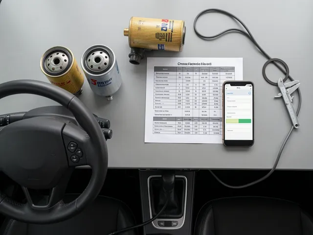 Three oil filters beside a cross-reference chart and a phone showing a vehicle lookup form on a workbench