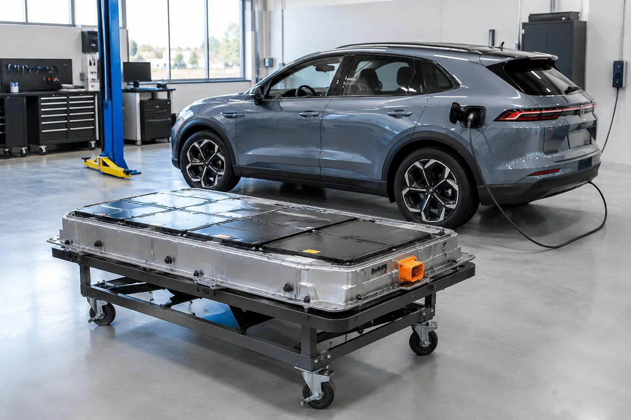EV traction battery pack beside an electric car in a professional service bay