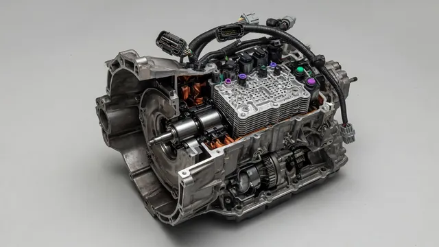 Automatic transmission cutaway showing shift solenoids, valve body, and electrical harness