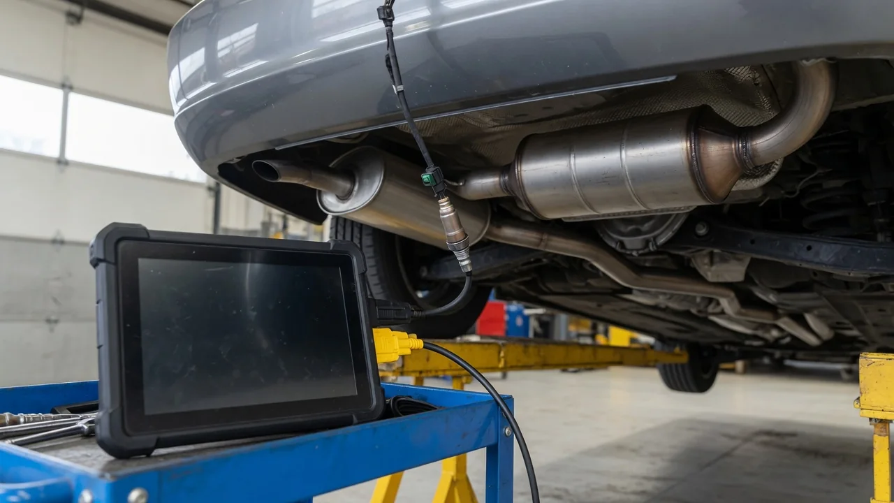 Scan tool displaying P0131 beside a diagram marking Bank 1 Sensor 1 ahead of the catalytic converter.