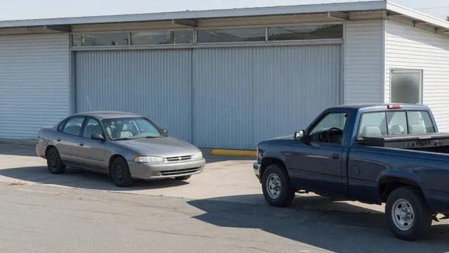 Subaru Forester and Outback parked outside an automotive transmission service shop