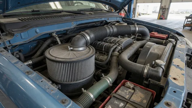 Diesel engine air intake housing and ducting viewed from above with the engine off