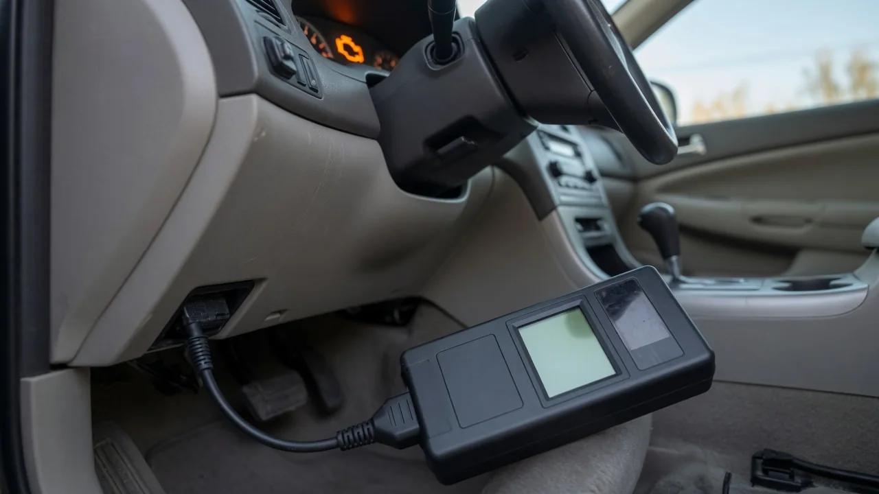 OBD-II scan tool plugged into a car's diagnostic port with the check engine light on in the background