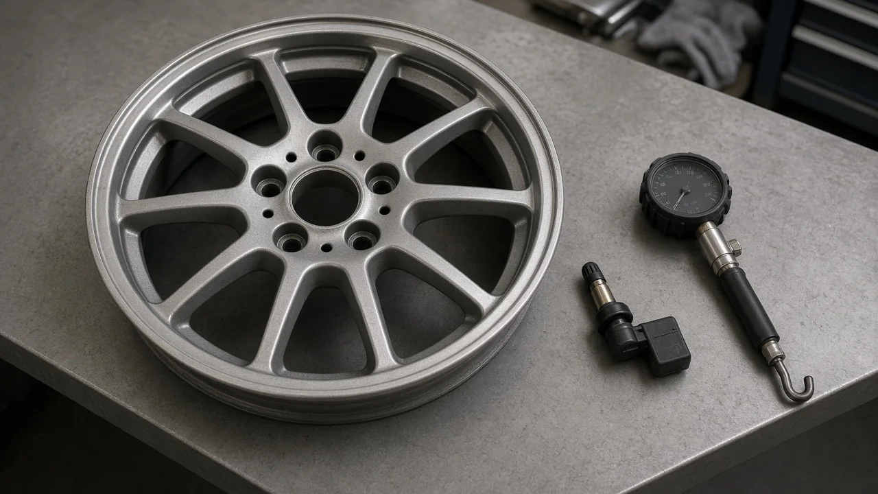 TPMS sensor beside a Mercedes-Benz wheel and a handheld tire pressure gauge