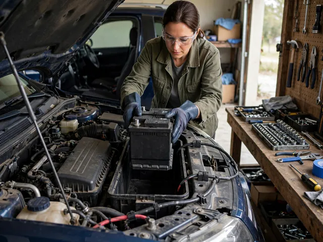 Gloved hands lowering a 12V car battery into its tray with disconnected cables secured clear