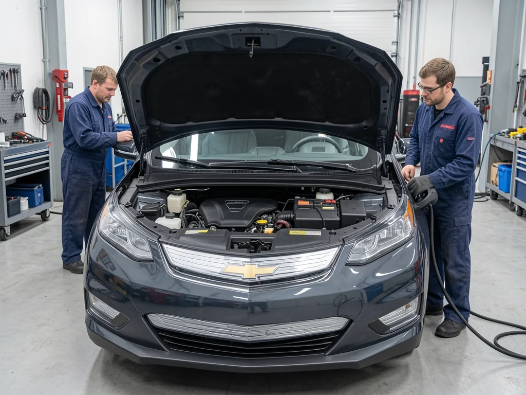 Chevy Volt parked with its hood open for professional inspection of the range-extender engine