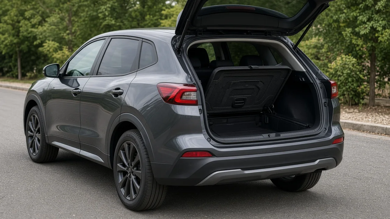 Nissan Kicks cargo area with luggage floor lifted to inspect the tire equipment storage space