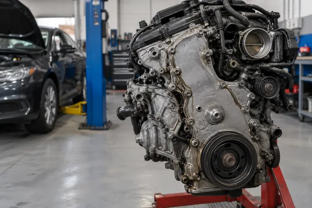 Timing chain cover area with oil residue visible along a cover seam on an exposed engine