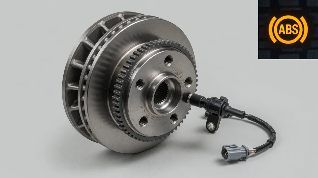 Illustration of a front wheel speed sensor, wiring connector, and ABS warning light