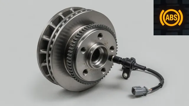 Illustration of a front wheel speed sensor, wiring connector, and ABS warning light