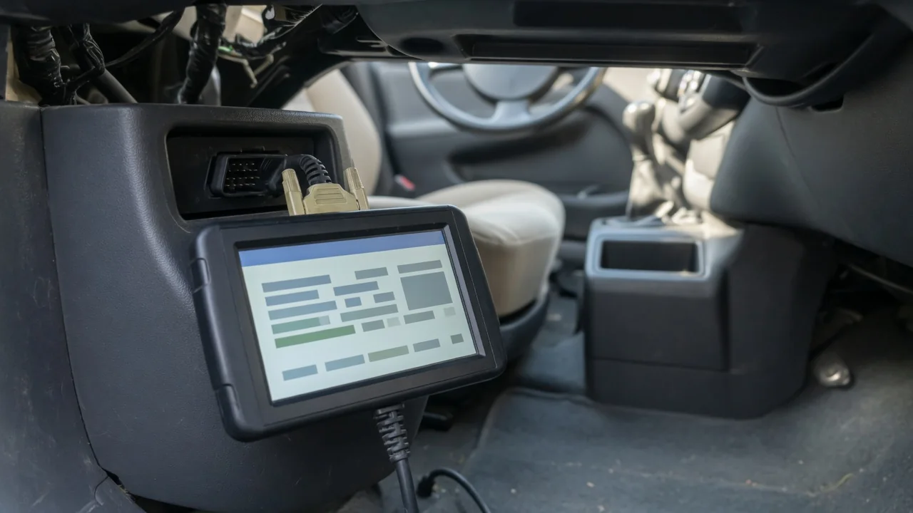 Handheld scan tool connected to a car's OBD-II port and showing body system diagnostic trouble codes