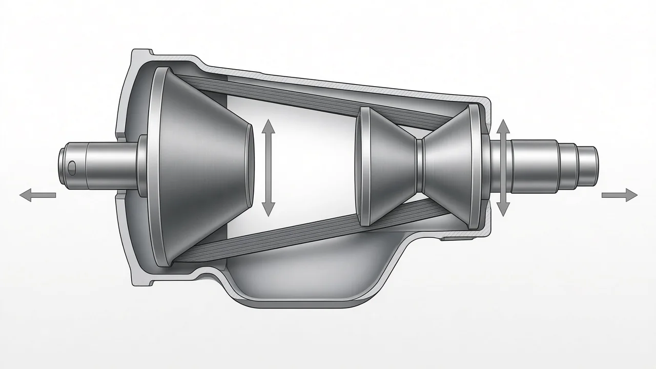 Cutaway diagram of a CVT transmission showing two variable pulleys linked by a steel belt