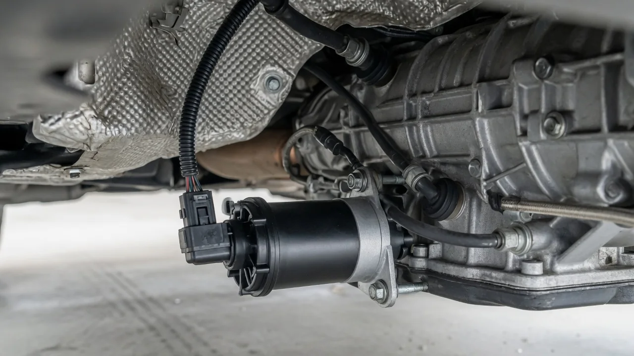 Electric auxiliary transmission fluid pump and wiring connector mounted near a car's automatic transmission housing