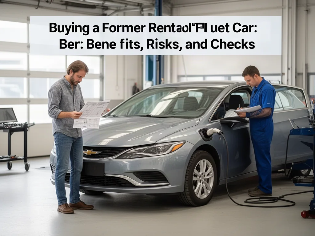 Buyer reviewing service records beside a used car with an independent mechanic