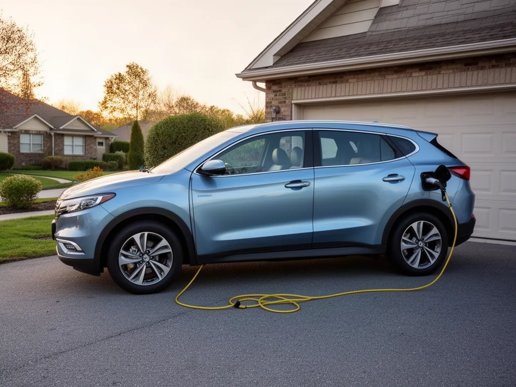 Plug-in hybrid charging in a residential driveway before an everyday electric commute