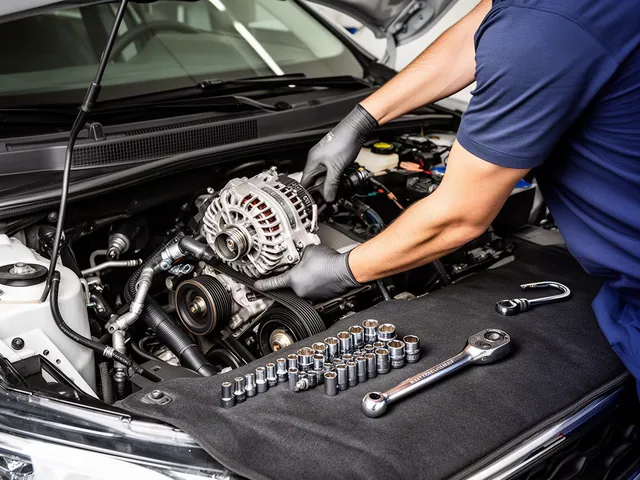 Home mechanic fitting a new alternator in a car engine bay with a socket set and belt nearby
