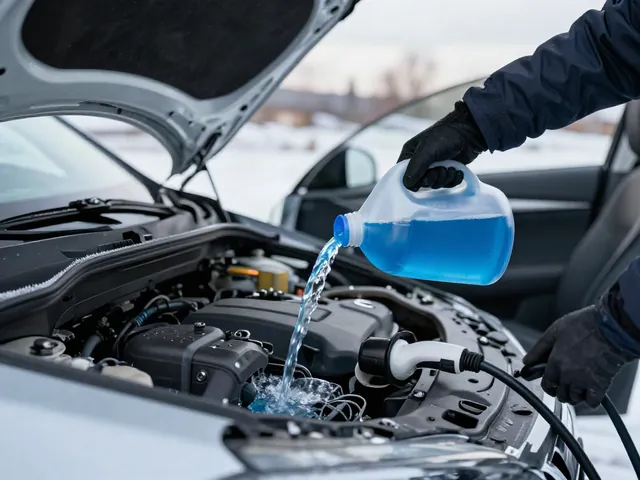 Person in gloves pouring blue windshield washer fluid into a car's reservoir on a frosty winter morning