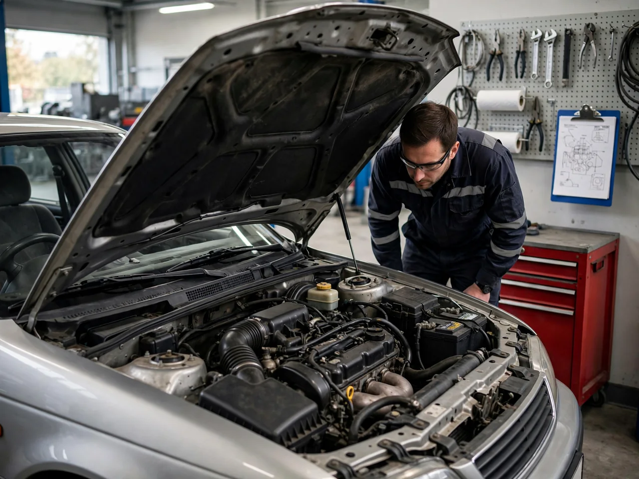 Technician inspecting a Toyota engine bay with the engine off and a vehicle service diagram nearby