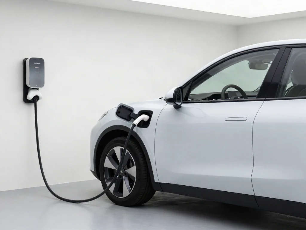 Electric car connected to a wall-mounted home charging unit in an uncluttered residential garage